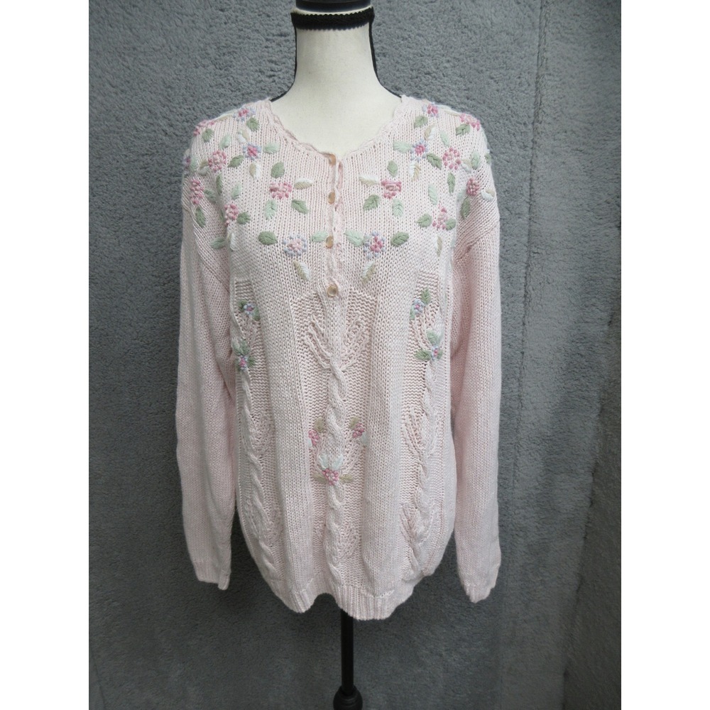 Vintage Shenanigans Embroidered Sweater Women M Pink Floral Cottagecore Coquette